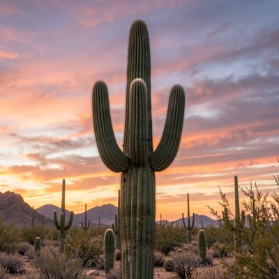 a tall cactus against an evening sky