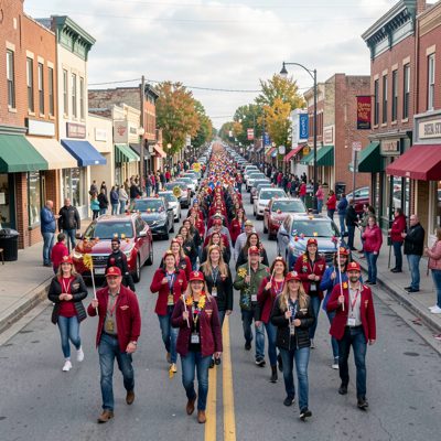 a small town parade along a main street