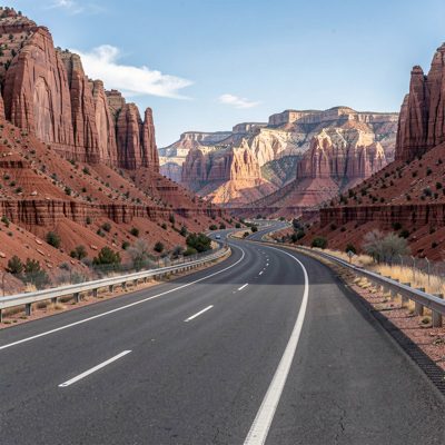 a highway curving between red rock formations