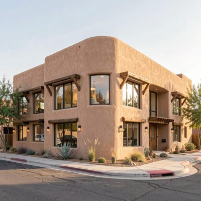 an adobe building with rounded corners