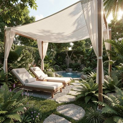 a spa garden with loungers under a canopy