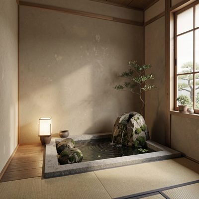 a quiet room with a small water feature