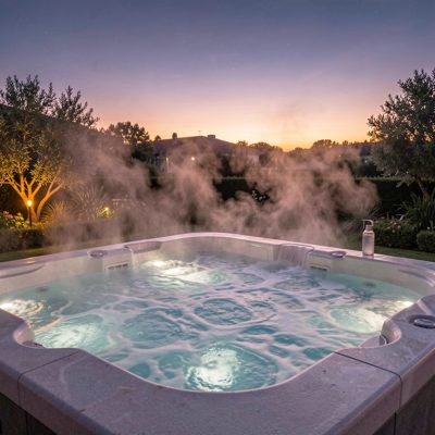 a spa pool with steam rising at dusk