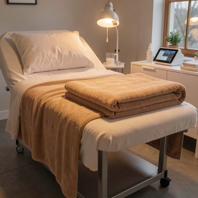 a heated treatment bed with a folded blanket