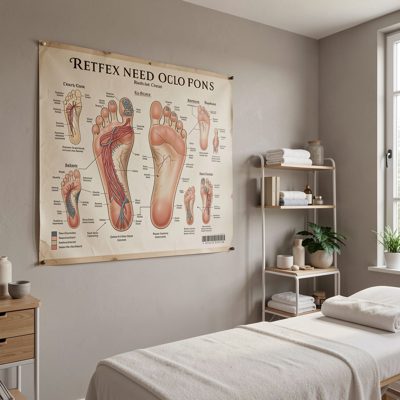 a reflexology chart on a treatment room wall