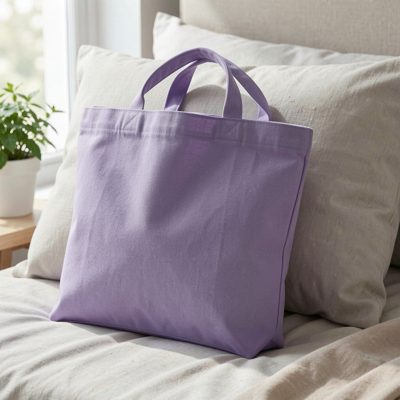 a lavender bag resting on a pillow