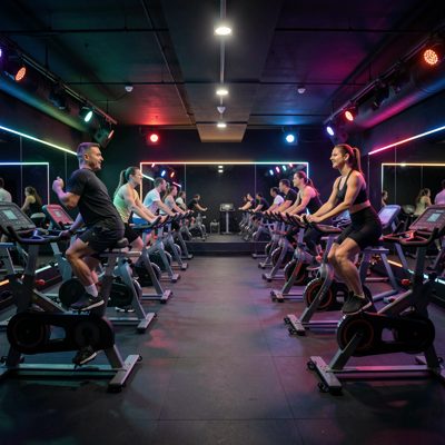 a spin class in a dark studio with coloured lights