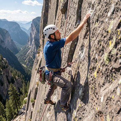 a rock climber reaching for a hold outdoors