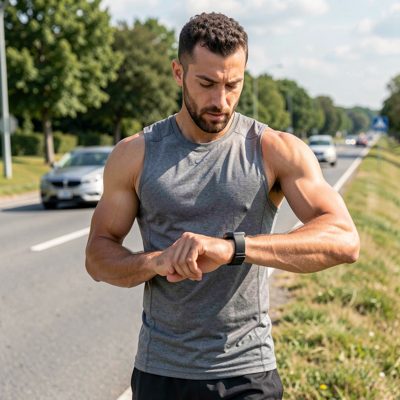 a runner checking a wrist device at the roadside