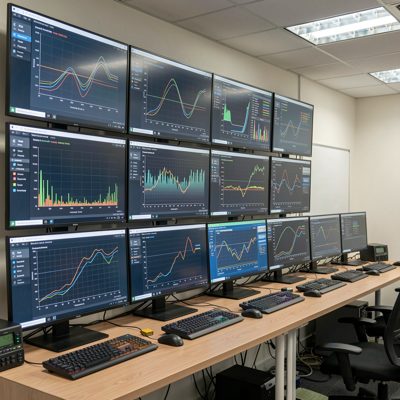 a wall of monitors showing system graphs in an operations room