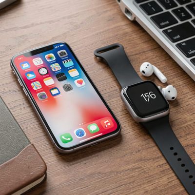 a smartphone on a desk beside a smartwatch and earbuds