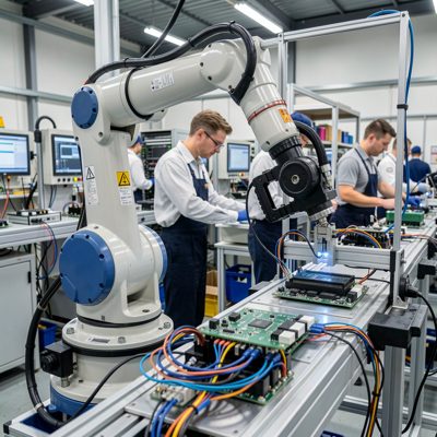 a robot arm assembling electronics on a production line