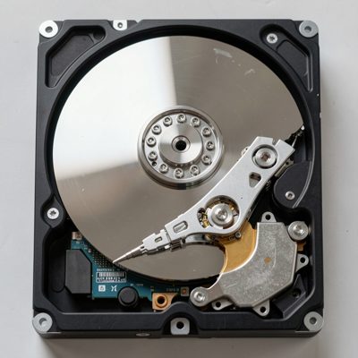 a hard drive opened to show the platter and actuator arm
