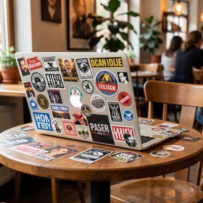 a laptop covered in stickers on a cafe table