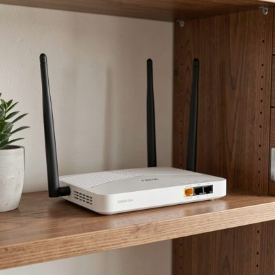 a wifi router with antennas on a shelf at home