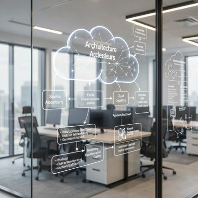 a cloud architecture diagram drawn on a glass wall
