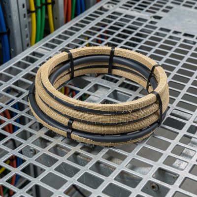 a coil of fibre patch leads in a cable tray