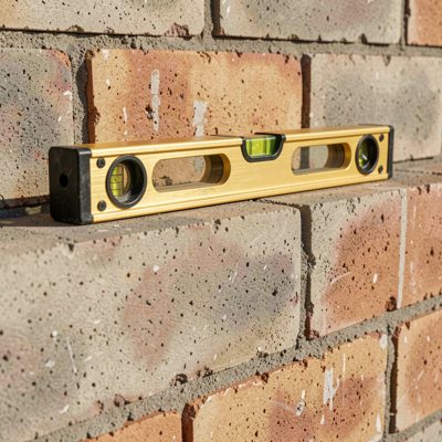 a spirit level resting on a fresh block wall
