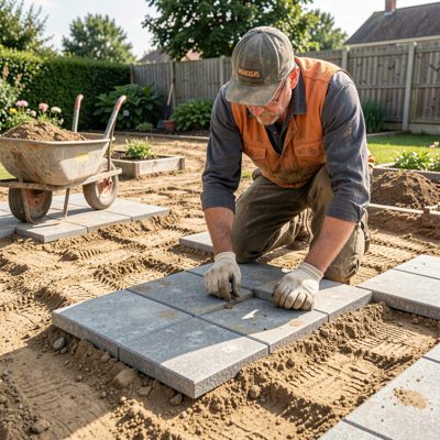 a landscaper laying paving slabs on sand