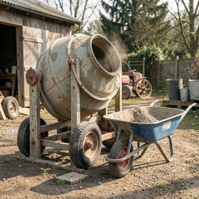 a cement mixer turning beside a wheelbarrow