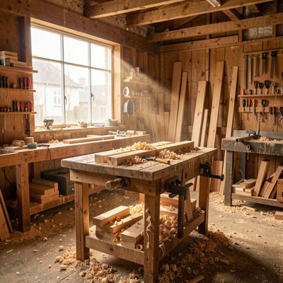 a joiner's workshop with sawdust in the light