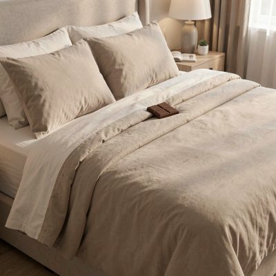 a bed turned down with a chocolate on the pillow