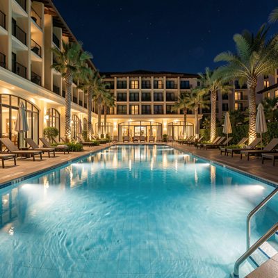 a hotel pool at night lit from beneath the water