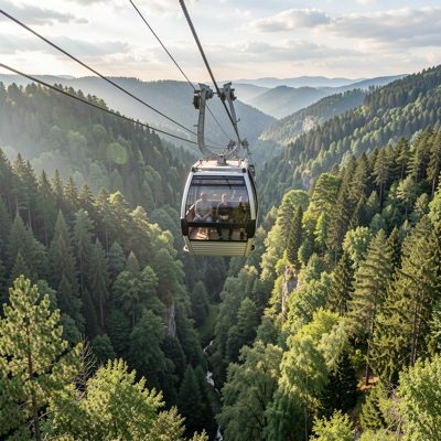 a cable car rising over a forested valley