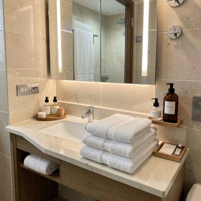 a hotel bathroom with folded towels and toiletries