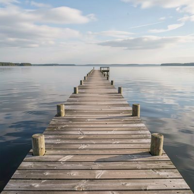a wooden pier stretching into calm water