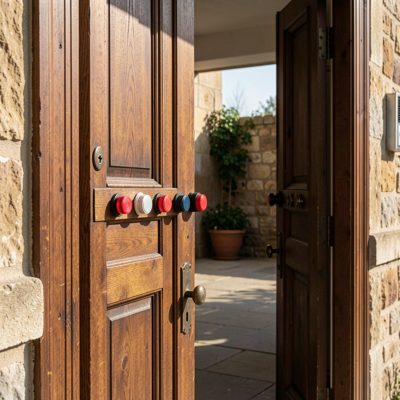 a doorway with a row of buzzers