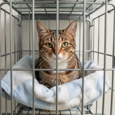 a cat in a recovery cage with a blanket