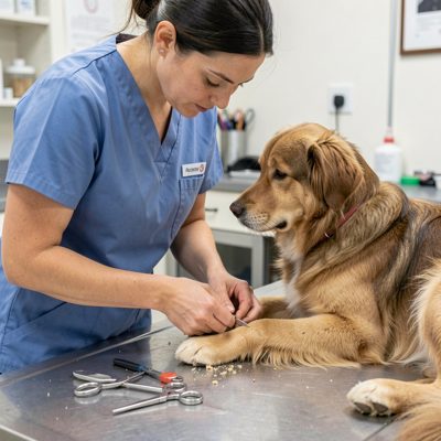 a vet nurse trimming a dog's nails