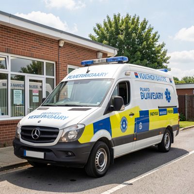 a veterinary ambulance parked outside a practice