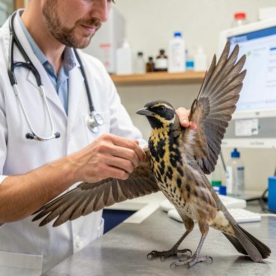 a vet checking a bird's wing