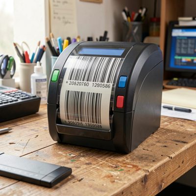 a barcode label printer on a bench
