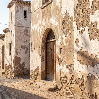 a sun bleached stucco building with an arched doorway