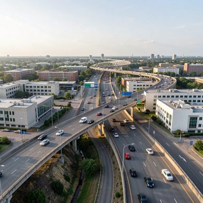 a wide freeway interchange curving above low buildings