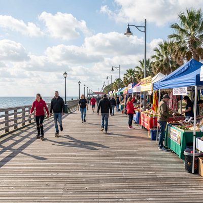a boardwalk with skaters and market stalls