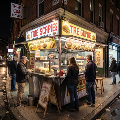 a taco stand on a street corner at night