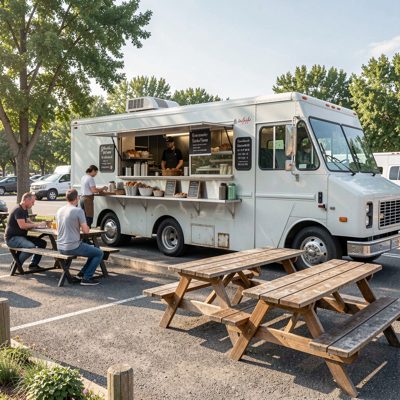 a food truck park with picnic benches