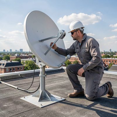 a technician aligning a dish antenna on a roof