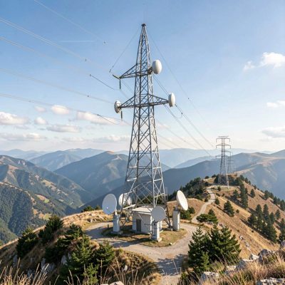 a lattice mast on a hilltop with microwave dishes fitted