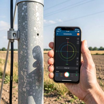 an antenna alignment app on a phone held up beside a mast