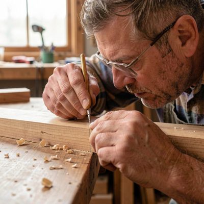 a woodworker sighting along an edge for straightness