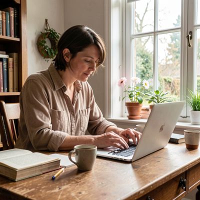 a writer at a desk by a window