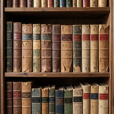 a bookshelf of hardbacks with worn spines