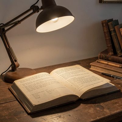 a reading lamp over an open notebook