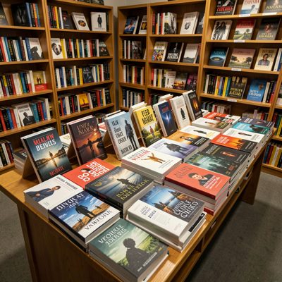 a bookshop table of new releases