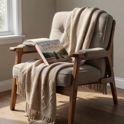a reading chair with a blanket and a book